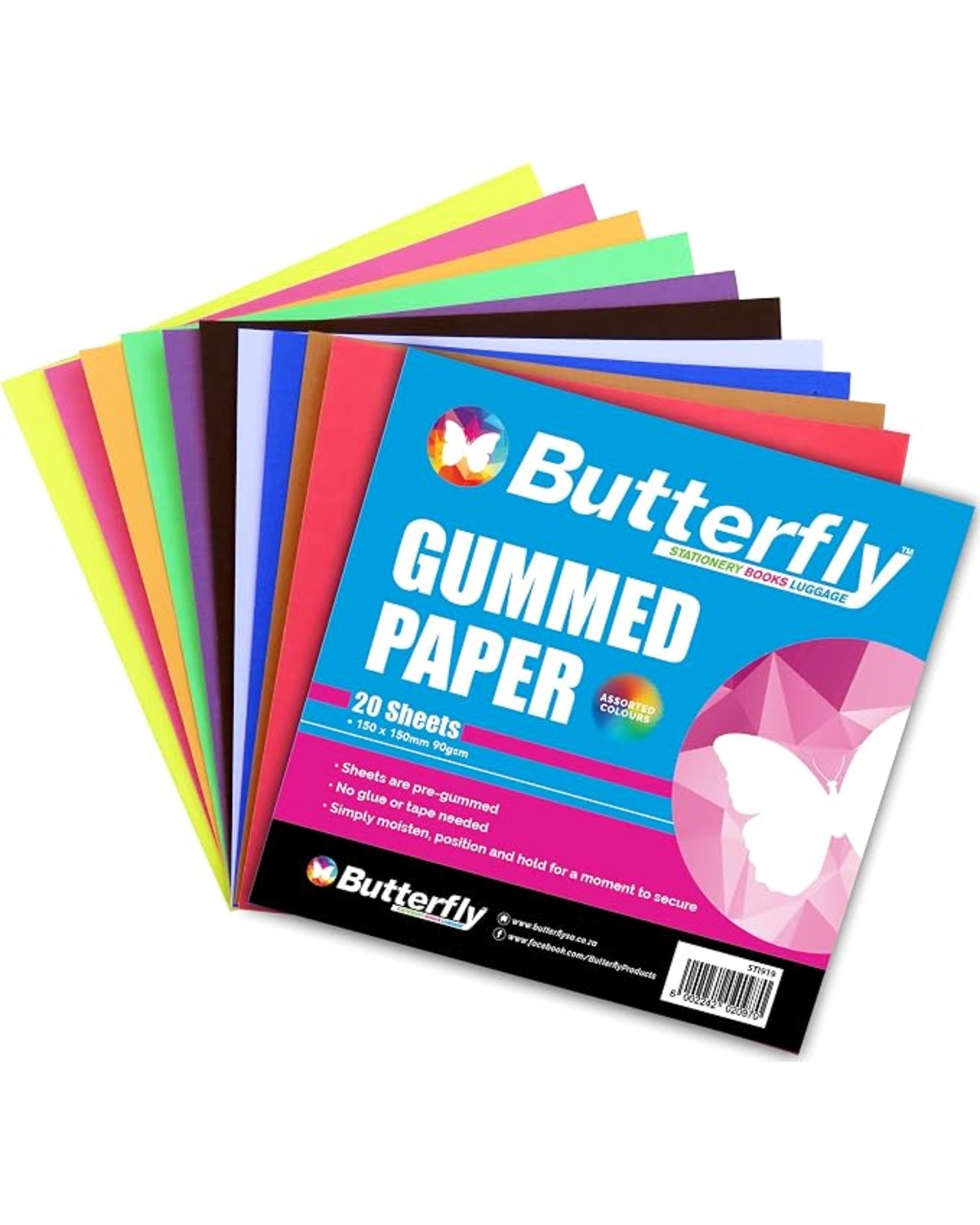 BUTTERFLY 20 SHEETS 150 X 150MM GUMMED PAPER 90 GSM ASSORTED COLOURS